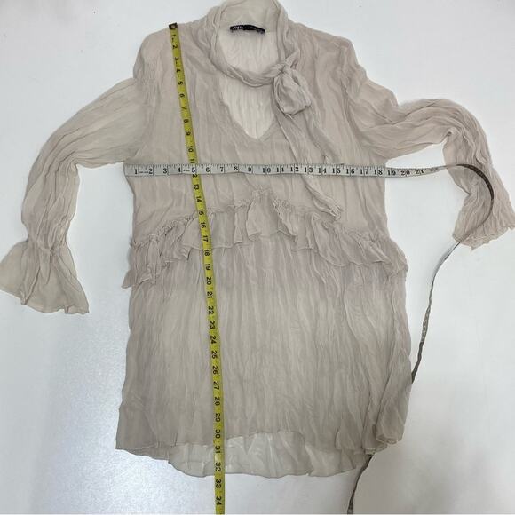 Zara Neck Tie Ruffle Long Sleeve Sheer Chiffon Mini Dress, Tunic V Neck Bone L - Picture 2 of 8